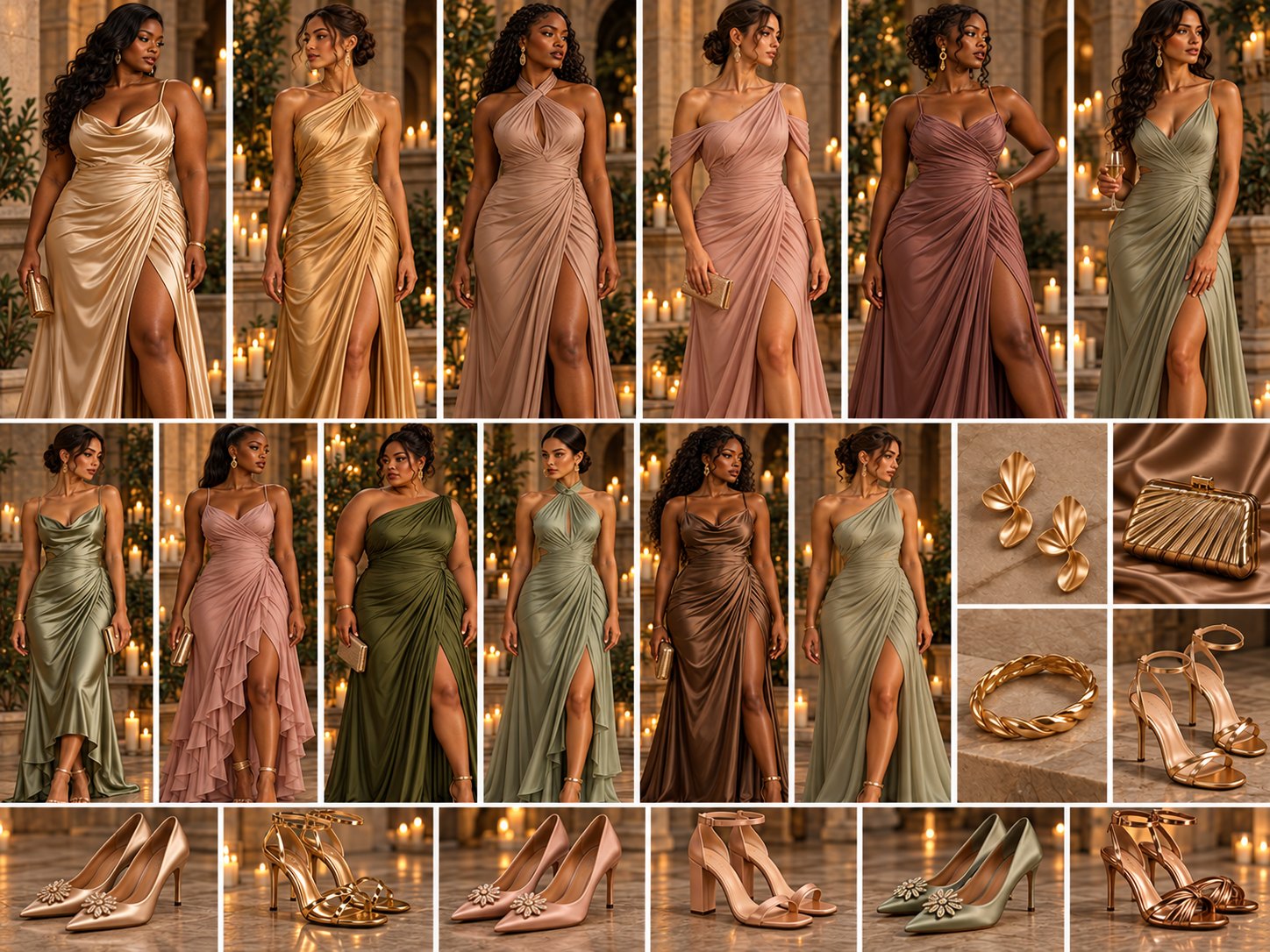 Women’s inspiration: draped floor-length gowns in champagne, soft gold, taupe, blush, mauve, sage, olive, and bronze, with gold jewelry, a gold clutch, and formal heels