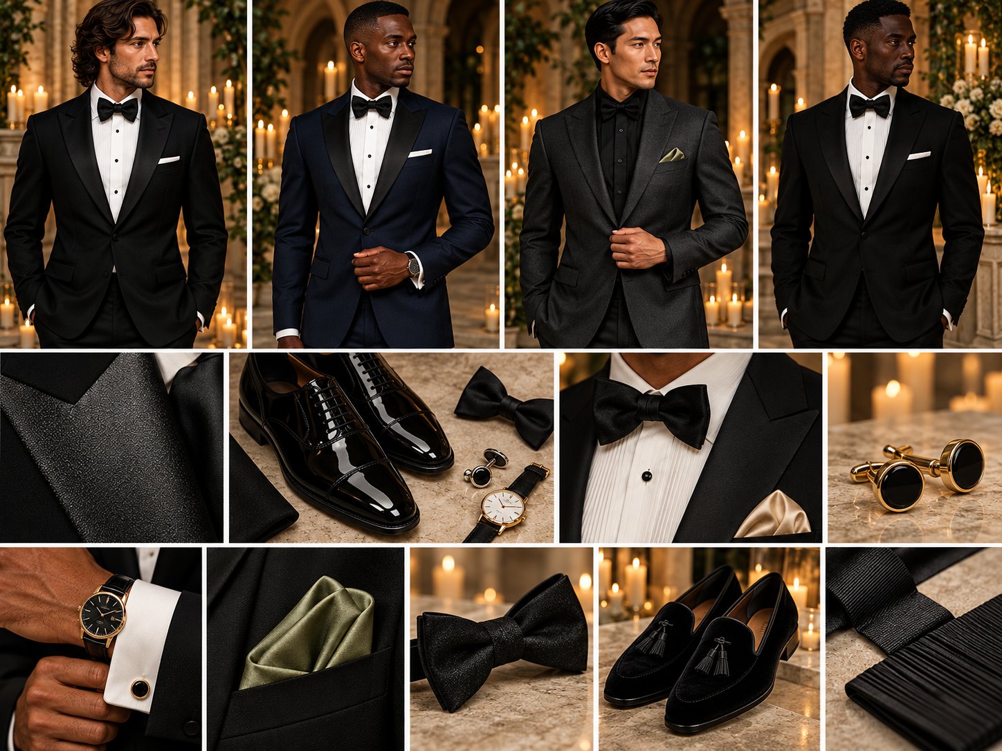 Men’s inspiration: black, midnight navy, and charcoal tuxedos with bow ties, patent oxfords, velvet loafers, cufflinks, dress watches, and champagne and sage pocket squares
